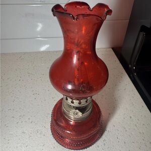 Vintage Ruby Red Flashed Glass Oil Lamp Hong Kong 6-3/4”